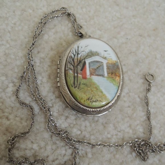 Covered Bridge Handpainted Locket Signed Parke County IN Covered Bridge Festival